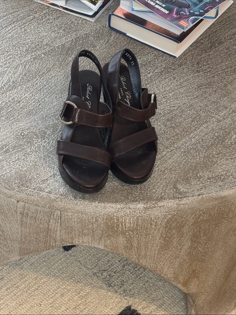 Robert Clergerie Brown Leather Wood 90’s Wedge Slingback Sandals